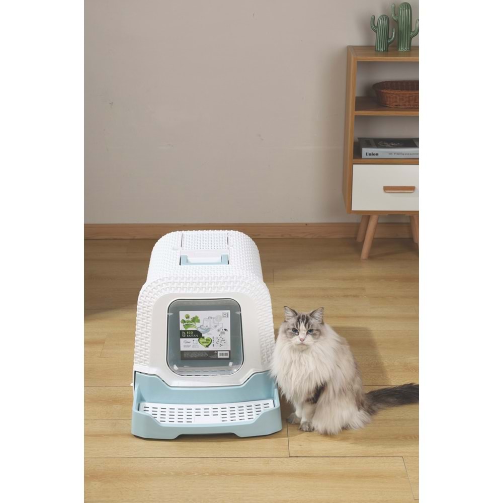 20118599 M-PETS ECO RATTAN KAPALI KEDİ TUVALETİ WHİTE/BLUE