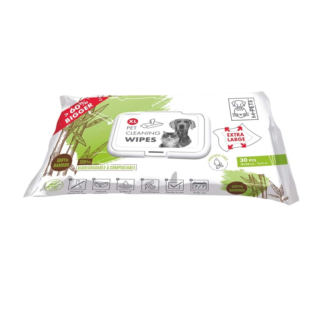 60102399 M-PETS BAMBOO XL KEDİ ve KÖPEKLER İÇİN TEMİZLEME MENDİLİ 30LU
