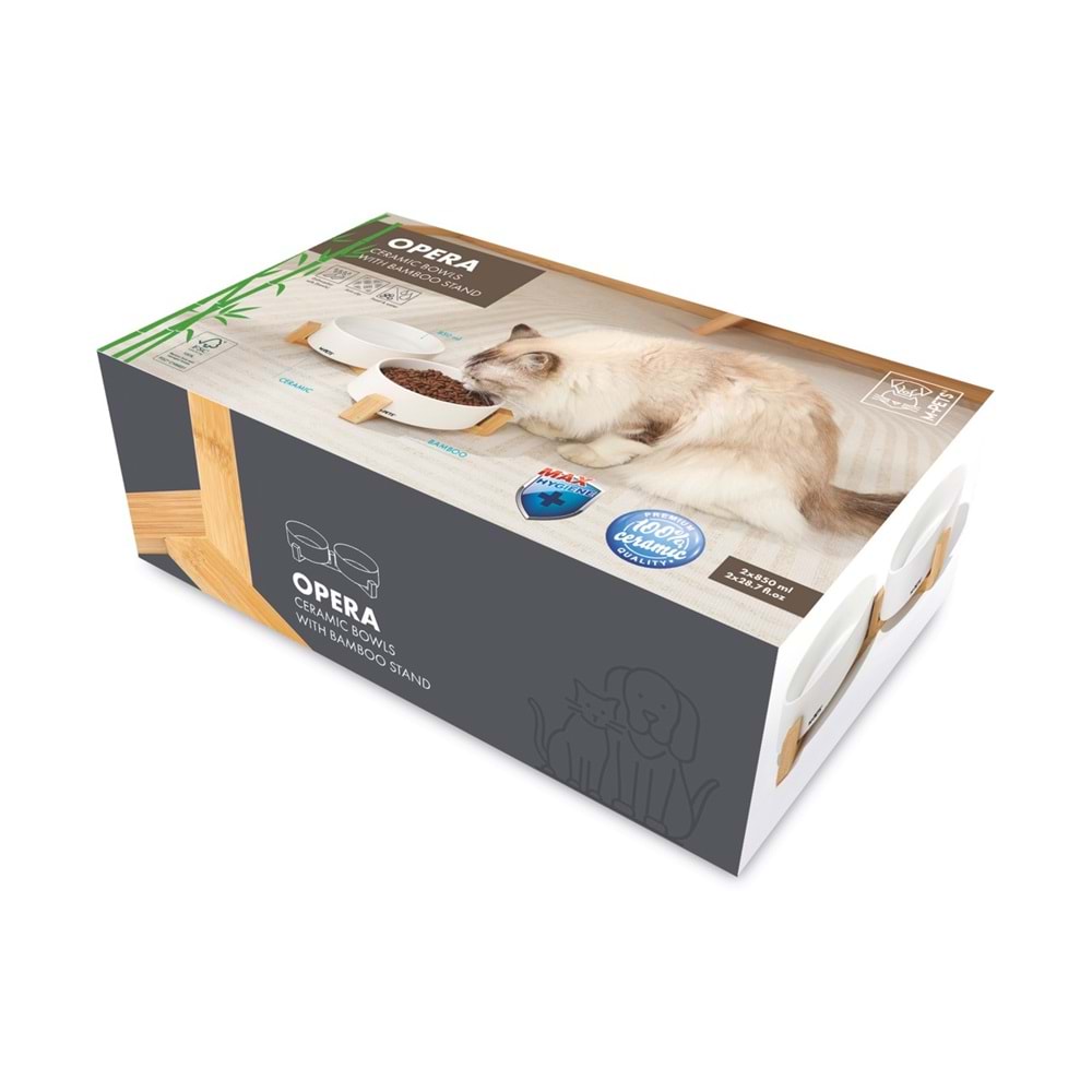 10553799 M-PETS OPERA SERAMİK MAMA KABI BAMBOO STANDLI 2X850ML WHİTE