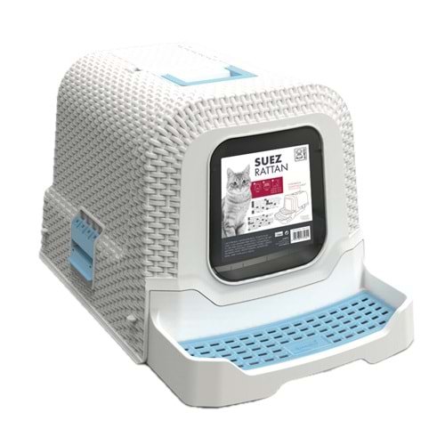 20116499 M-PETS SUEZ RATTAN KAPALI KEDİ TUVALETİ WHİTE/BLUE 69X42X41CM